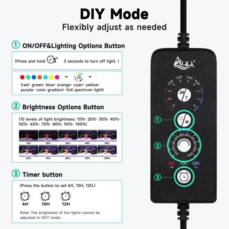 AQQA LED Aquarium Light, 24/7 Mode IP68 Waterproof Extendable Bracket Fish Tank Light, DIY Mode Full Spectrum Aquarium Plant Light, Adjustable Timer/Brightness Memory Function for 32-40 Inch Fish Tank - Image 2